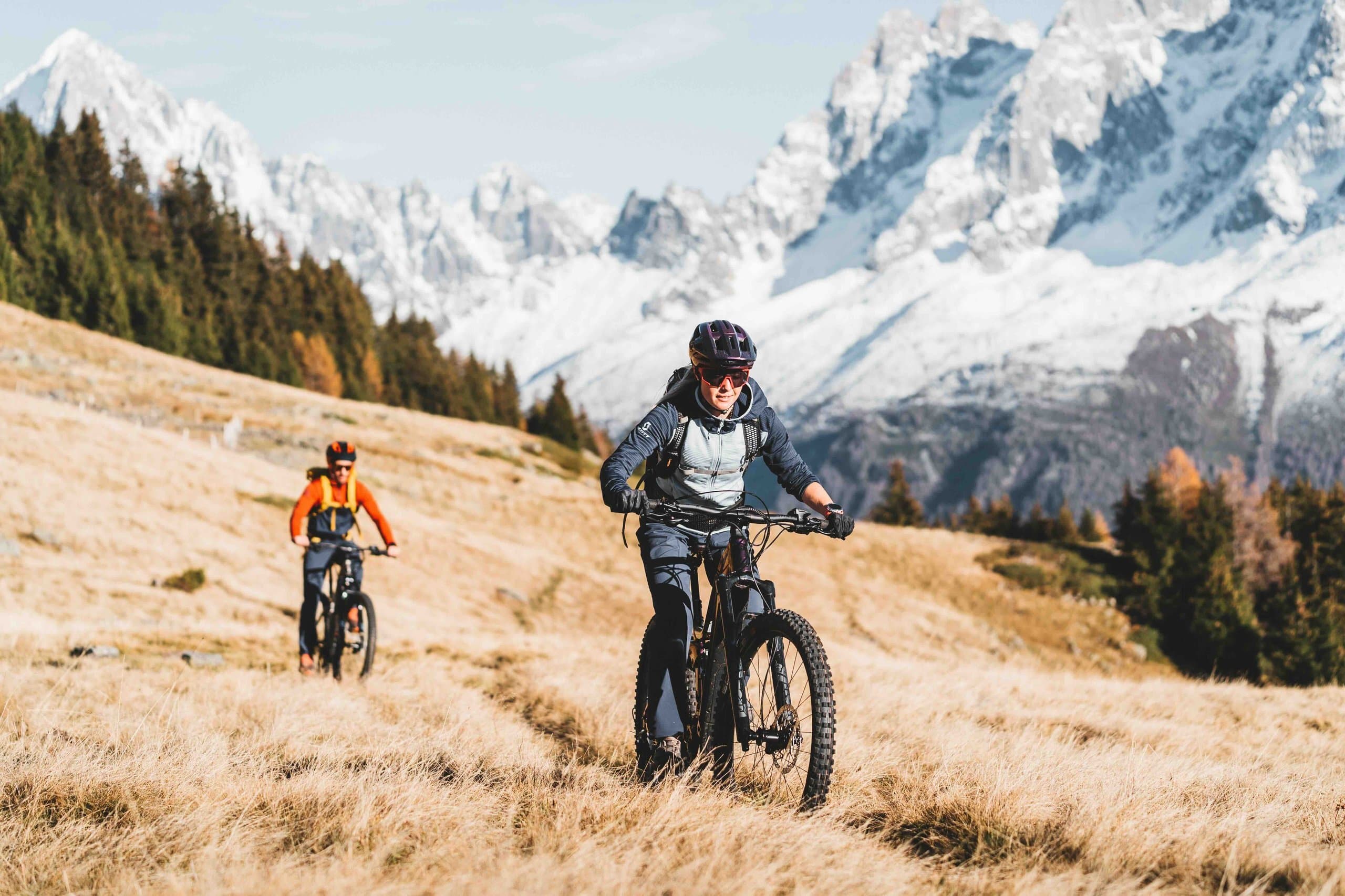 Panoramic viewpoint of Mont Blanc massif from an e-bike trail in Chamonix valley